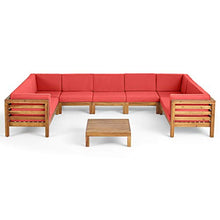 Great Deal Furniture GDFStudio Outdoor 9 Seater Acacia Wood Sectional Sofa Set, Teak Finish and Red