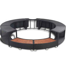 KGFHERENB Black Poly Rattan Hot Tub Surround, 111.4 Inch Wicker Spa Surround with Built-in Storage and Power Pack Cutout, Steel and Eucalyptus Wood Frame for Outdoor Round Tub