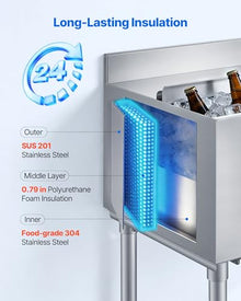 VEVOR Commercial Ice Bin, 65.1 Qt Max Capacity, 24 x 19 x 33 Inch Stainless Steel Ice Chest with Sliding Lid and Bottle Holders, Cooler Cart Cocktail Unit for Bar Restaurant Pub, NSF Certified