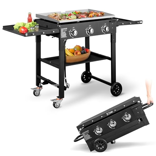 Llhdmeng Foldable Flat Top Grill, Portable Outdoor Propane Griddle with 2 Foldable Shelves, 30000/45000/60000 BTU Gas Grill Griddle Cooking Station for BBQ & Outdoor Cooking, Black(3 Burner)