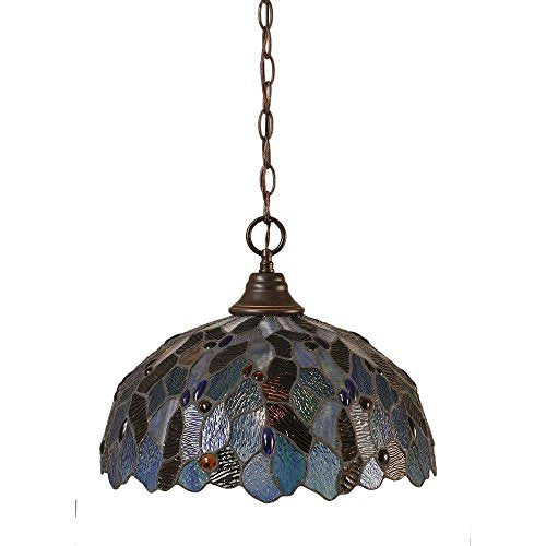 Toltec Lighting Chain Hung Pendant Light, Adjustable Ceiling Hanging Fixture, Dimmable Kitchen Island Lighting, Modern Dining Room Pendant, Dark Granite Finish, 16" Blue Mosaic Art Glass