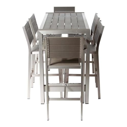 Pemberly Row Contemporary Aluminum Patio Bar Set, 7-Piece, Gray Finish, Rust-Resistant Frame, Polyresin Table Top and Chairs, Modern Outdoor Dining Set for Backyard or Patio Use