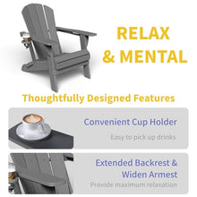 Kingdura Foldable Adirondack Chairs Set of 4, Portable HDPE All Weather Resistant Outdoor Patio Chair, Wooden Textured with Cup Holder, 380LBS Capacity for Poolside, Backyard, Deck, Fire Pit (Grey)