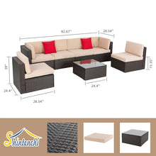 Shintenchi 7 Pieces Patio Furniture Sets Outdoor All-Weather Sectional Patio Sofa Set PE Rattan Manual Weaving Wicker Patio Conversation Set with Glass Table&Ottoman Cushion and Red Pillows, Beige