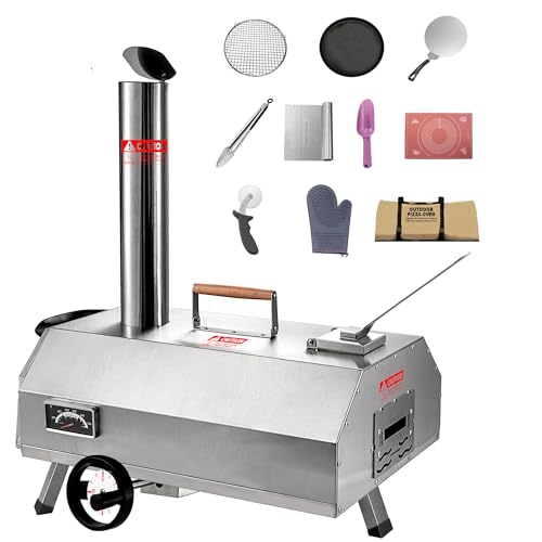 BAYUELSWU Stainless Steel Pizza Oven Outdoor 12" Automatic Rotatable Pizza Ovens, Portable Wood Pizza Oven for Outside Kitchen Backyard (Silver)