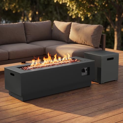 48 Inch Outdoor Fire Pit Fire Table, Propane Fire Pit Table 50,000 BTU with Hidden Tank Box, Removable Lid, Lava Rocks & 304 Stainless Steel Burner, Rectangular Gas Fire Pit for Outside Patio, Grey