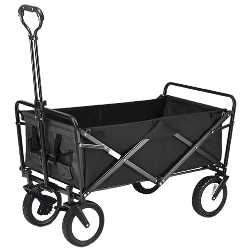 PUCNHZYNW Portable Folding Beach Camping Wagon with Steel Brakes Collapsible Garden Cart with 4 Wheels Foldable Hand Transport Trolley for Festivals Black