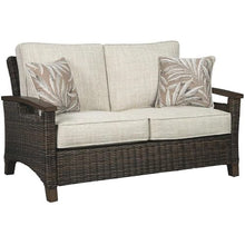 BOWERY HILL Patio Loveseat, Medium Brown Finish, Handwoven All-Weather Resin Wicker, Rust-Proof Aluminum Frame, Plush Cushions and Nuvella Fabric, 58.25" W x 36" D x 39" H Outdoor Sofa for Alfresco