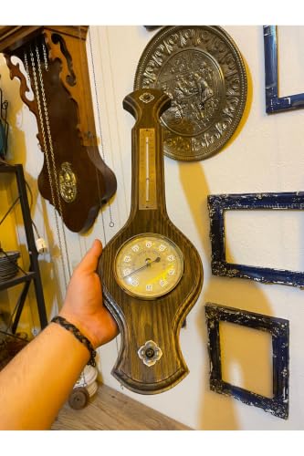 Antique Thermometer Barometer Decorative Wall Decor - Retro Style Wooden Casing with Asymmetrical Shape - Brown Finish - Brown