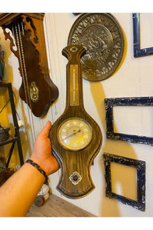 Antique Thermometer Barometer Decorative Wall Decor - Retro Style Wooden Casing with Asymmetrical Shape - Brown Finish - Brown