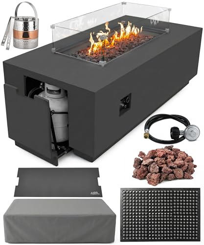 AMS 66" Rectangular Propane Fire Pit for Outdoor Patio (Dark Gray, Bundle)