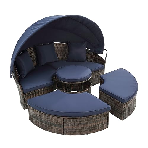 YWMLFZ 4 Pieces Patio PE Wicker Lounge Set,Round Sofa Bed with Cannopy, Cushioned, Adjustable Coffee Table