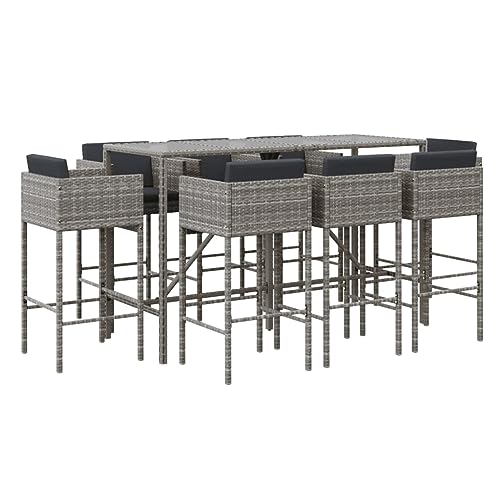 vidaXL 9 Piece Patio Bar Set with Cushions Gray Poly Rattan