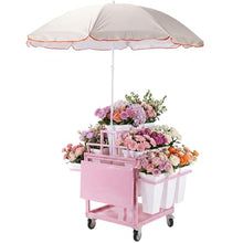 Flower Display Stand with 18 Buckets Rolling Flower Display Rack with Wheels & Umbrella for Patio Garden Shop Wedding Party