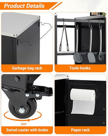 Grill Table for Big Green Egg Style BBQ, Heavy Duty Metal Outdoor Grill Station Prep Table With Storage,Garbage Bag Holder, Hooks, Paper Towel Rack, Wheels, Compatible With Egg Kamado Griller