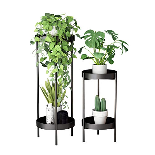 KAJIAO 2 Tiers Iron Flower Pot Rack Decorative Metal Stands for Indoor Outdoor Balcony Living Room Standing Garden Patio Plant Display Shelf (Black)(S+L)