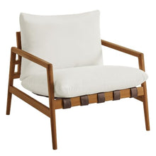 Modway Nomi Teak Wood Outdoor Sling Accent Chair in Natural White - Faux Leather Vegan Patio Armchair with Removable Cushioned Upholstery