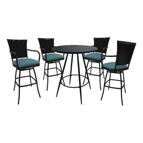 Pemberly Row Outdoor/Indoor Pub Set, 36" Round Black Table, 30" Aqua Linen Fabric Stools with Arms, UV Powder-Coated Black Frame, 42" Table Height, Durable Bar Height Patio or Home Pub Furniture