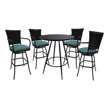 Pemberly Row Outdoor/Indoor Pub Set, 36" Round Black Table, 30" Aqua Linen Fabric Stools with Arms, UV Powder-Coated Black Frame, 42" Table Height, Durable Bar Height Patio or Home Pub Furniture