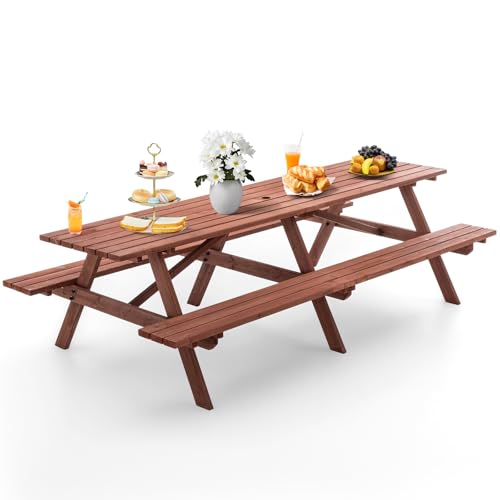 Zevemomo 10-12-Person Wood Picnic Table, Rectangular Top with Umbrella Hole