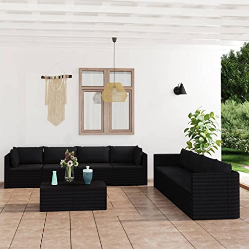 KPOTUERTU 9 Piece Patio Lounge Set with Cushions Poly Rattan Black