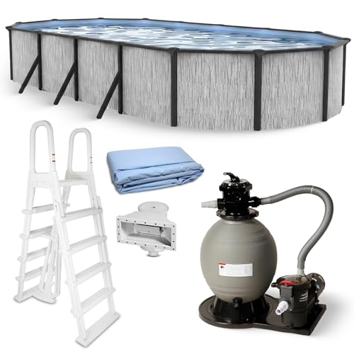 Blue Wave Sevilla 15x30-ft Oval 52-in Deep Hard Sided Steel Wall Above Ground Pool with 6-in Steel Top Seats, Dual-Speed Sand Filter System, Ladder, Skimmer & Liner – 9,900 Gallon Cap for Family Use