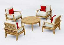 WholesaleTeakFurniture Somer 5 Piece Teak Wood Lounge Chair Set: 4 Lounge Chairs & Round Coffee Table with Cushions in Outdoor Sunbrella Fabric #5404 Canvas Natural