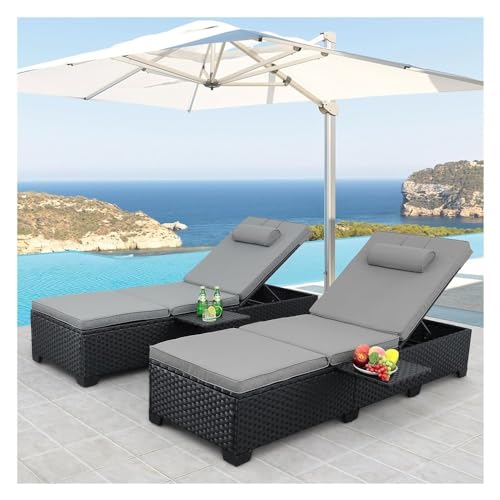UOPYNE 2 PCS Pool PE Wicker Chaise Lounge, Patio Outdoor Cushioned Wicker Chaise Lounger with Adjustable Backrest, Adjustable Sun Lounger for Outside Sunbathing Camping Beach