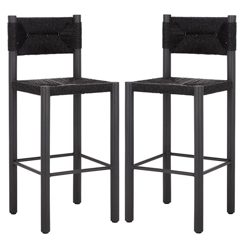 SAFAVIEH Couture Outdoor Patio Furniture Collection - Romona Tropical Bar Stool Set of 2, Black Woven Rattan Design, 30-Inch, Fully Assembled (CPT4001A)