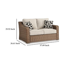 Benzara Tira Outdoor Loveseat, 57 Inch Handwoven Resin Wicker, Beige, Pillows
