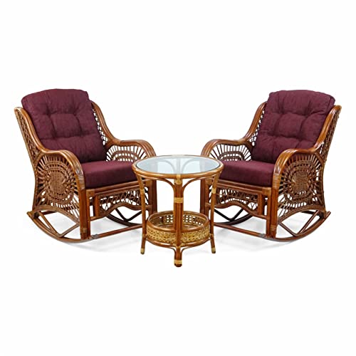 SunBear Furniture Malibu Set of 2 Natural Wicker Rattan Rocking Lounge Chairs with Dark Brown Cushions and Round Coffee Table ECO Handmade, Cognac