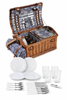 Handmade Wicker Picnic Basket Set for 4 People with Gingham Pattern, Wood, Insulated Compartment, Includes Cutlery, Plates, Glasses, and Water-Resistant Blanket - Brown and Blue