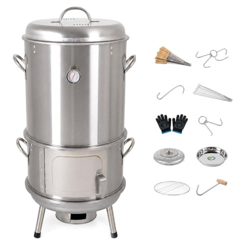 WPWSDWMX Vertical Smoker Grill Combo 36.6in Stainless Steel Charcoal Meat Smoker with Built-in Thermometer Full Accessories for Outdoor BBQ Camping