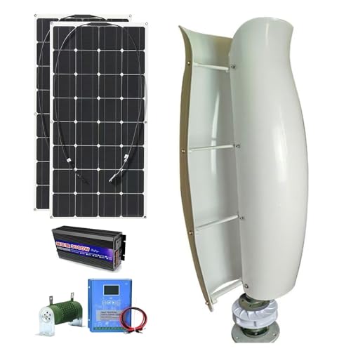 OLONETO 3KW Wind Turbine Generator Kit 12V 24V 48V Free Energy Windmill Vertical Axis Wind Turbine + 2 * 100W Photovoltaic Panels + 3000W Inverter Wind-Solar Hybrid Power Generation System(White,12V)