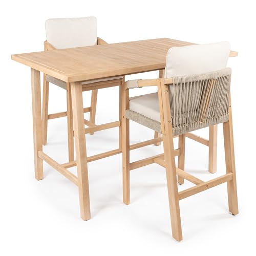 JONATHAN Y Porto Modern Coastal 3-Piece Acacia Wood Outdoor Bar Set with Cushions Beige/Light Teak