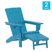 Flash Furniture Halifax Poly Resin Adirondack Chair with Cup Holder and Pull Out Ottoman, All-Weather Poly Resin Indoor/Outdoor Lounge Chair, Set of 2, Blue