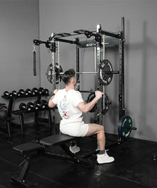 EonfitOmni Smith Machine Squat Rack Cable Crossover Pulley System Home Gym Equipment Black with Red Bench