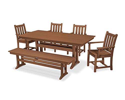 Polywood Traditional Garden 6-Piece Farmhouse Dining Set with Bench, Teak - HDPE Composite Outdoor Patio Furniture - Includes Table, 4 Chairs & Bench - Classic Farmhouse Style