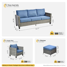 OvioS 5-Piece Patio Furniture Set Outdoor Wicker Rattan Sofa Couch with Chairs and Ottomans Denim Blue