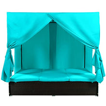 Patio Chaise Lounge, PE Rattan Outdoor Patio Wicker Sunbed Daybed with Adjustable Seats, Four-sided Canopy, Overhead Curtain and Blue Cushions for Backyard, Garden, Poolside (for 2-6 people)