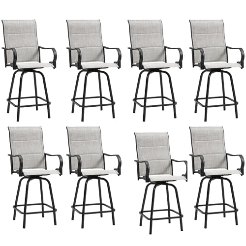 HOMREST Outdoor Swivel Bar Stools Set of 8, High Patio Swivel Bar Chairs with Padded Back & Seat, All-Weather Textilene Tall Patio Chair with Curved Armrest & Metal Footrest for Outside,Light Grey