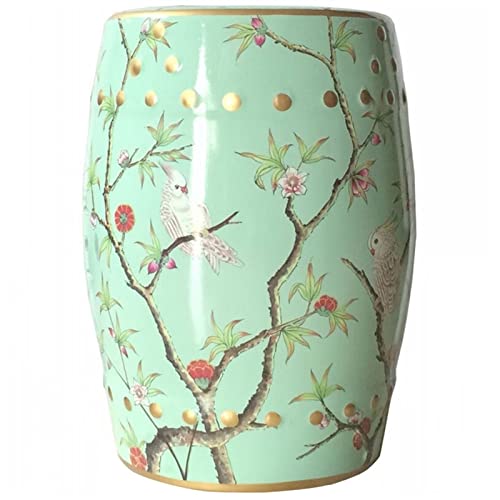 Ceramic Drum Table,Ceramic Drum Stool,Decorative Ceramic Garden Stool, Glazed Hand-Painted Flower and Bird Shoe Changing Stool Drum Stool, Suitable for Outdoor Garden(Green)