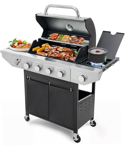 YIORTWO 4 Burner Propane Gas Grill with Side Burner, Stainless Steel BBQ Grill 48,500 BTU for Outdoor Cooking Kitchen, Garden and Patio Backyard Barbecue, Dark Black and Silver