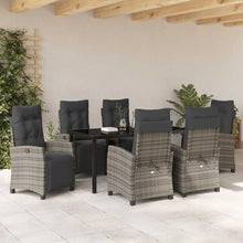 FUDUGEHMIOFWFJJ 7 Piece Grey Poly Rattan Garden Dining Set with Cushions, Modern Outdoor Patio Furniture Set with Adjustable Chairs and Glass Table for Backyard, Terrace, Poolside