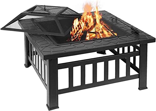 Garden Fire Pit Grill Bowl Grill Barbecue Rack Fire Pits,32" Outdoor Fire Pit Metal Square Firepit Wood Burning Backyard Patio Beaches Camping Picnic Bonfire Stove with Spark Screen Cover