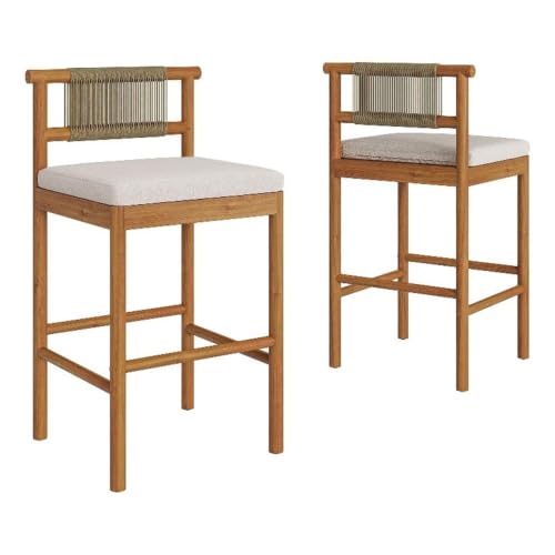 Modway Eleni Set of 2 Outdoor Teak Wood Bar Stools with Rope Backrests in Natural Sail - Patio Bar Chairs with Sunproof Foam Cushions