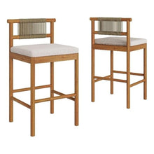 Modway Eleni Set of 2 Outdoor Teak Wood Bar Stools with Rope Backrests in Natural Sail - Patio Bar Chairs with Sunproof Foam Cushions