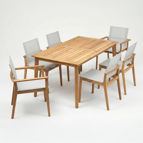 POVL Outdoor Menlo 7-Piece Teak Hardwood Patio Dining Set for 6 — 63" x 35.5” Compact Rectangular Grade A Teak Table, 2 Stacking Armchairs & 4 Stacking Side Chairs - for Small Patios & Decks (Winter)