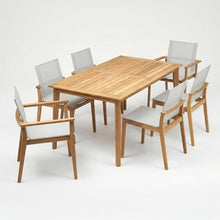 POVL Outdoor Menlo 7-Piece Teak Hardwood Patio Dining Set for 6 — 63" x 35.5” Compact Rectangular Grade A Teak Table, 2 Stacking Armchairs & 4 Stacking Side Chairs - for Small Patios & Decks (Winter)