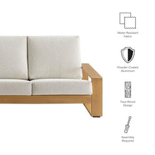 Modway Lirienne Aluminum Faux Wood Outdoor Sofa in Ivory Natural - Weather-Resistant Modern 3-Seater Patio Couch with Removable Woven Fabric Cushions